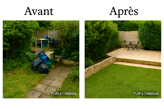 Jardin avant avec désordre et après rénové avec une pelouse et une terrasse propre.