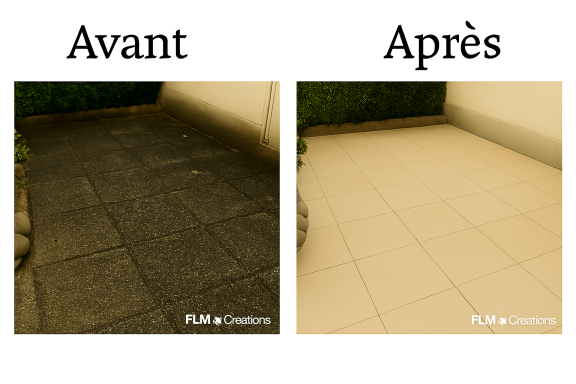 Surface de pavés, vue avant (sale) et après (propre et rénovée).