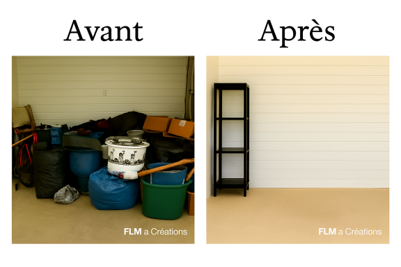 Avant : espace encombré avec des objets divers. Après : espace dégagé avec une étagère noire.