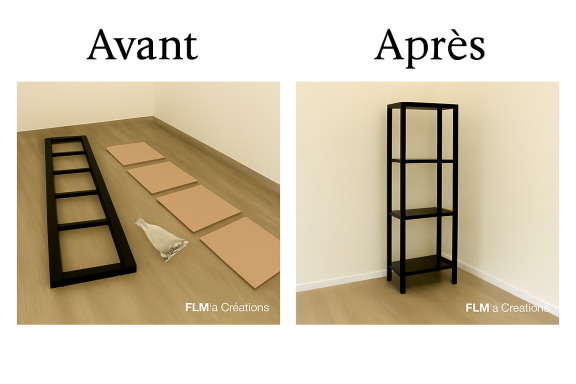 Meuble en bois, avant assemblage à gauche, élancé et complet à droite.